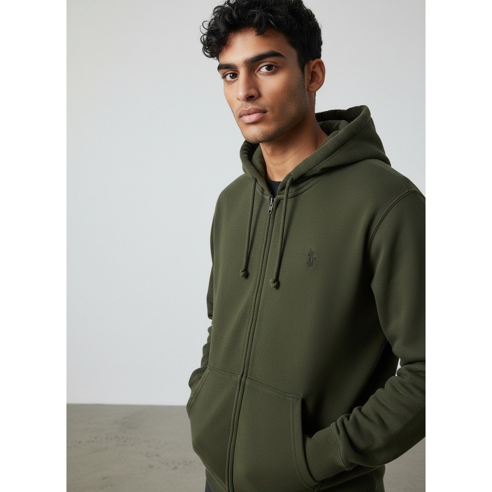US Polo Assn Mens L Full Zip Hoodie Sweatshirt Olive Green Embroidered Logo